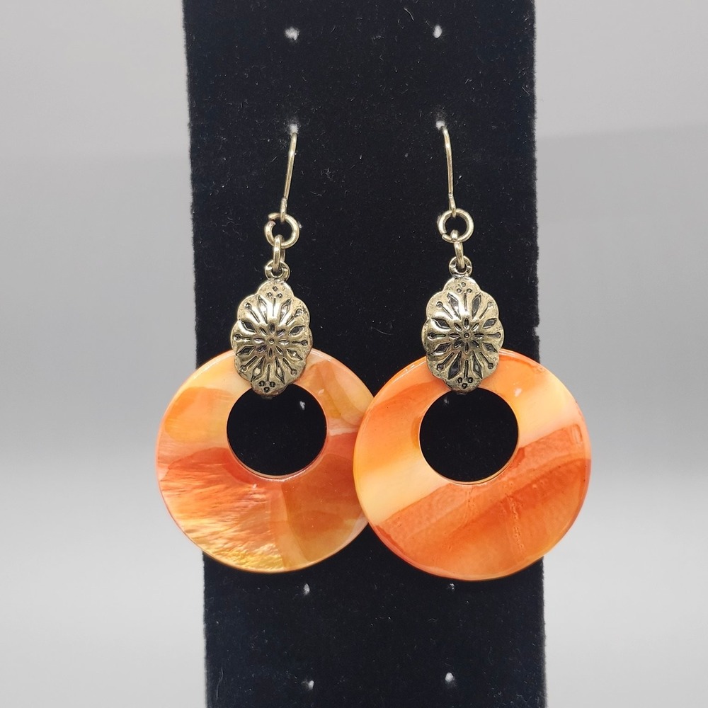 Orange Peach Swirl Shell Dangle‎ Drop Earrings 1.5" Filigree Bronze Tone